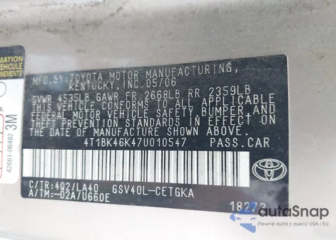 2007 Toyota Camry Xle V6 z USA, uszkodzony, nr VIN 4T1BK46K47U010547